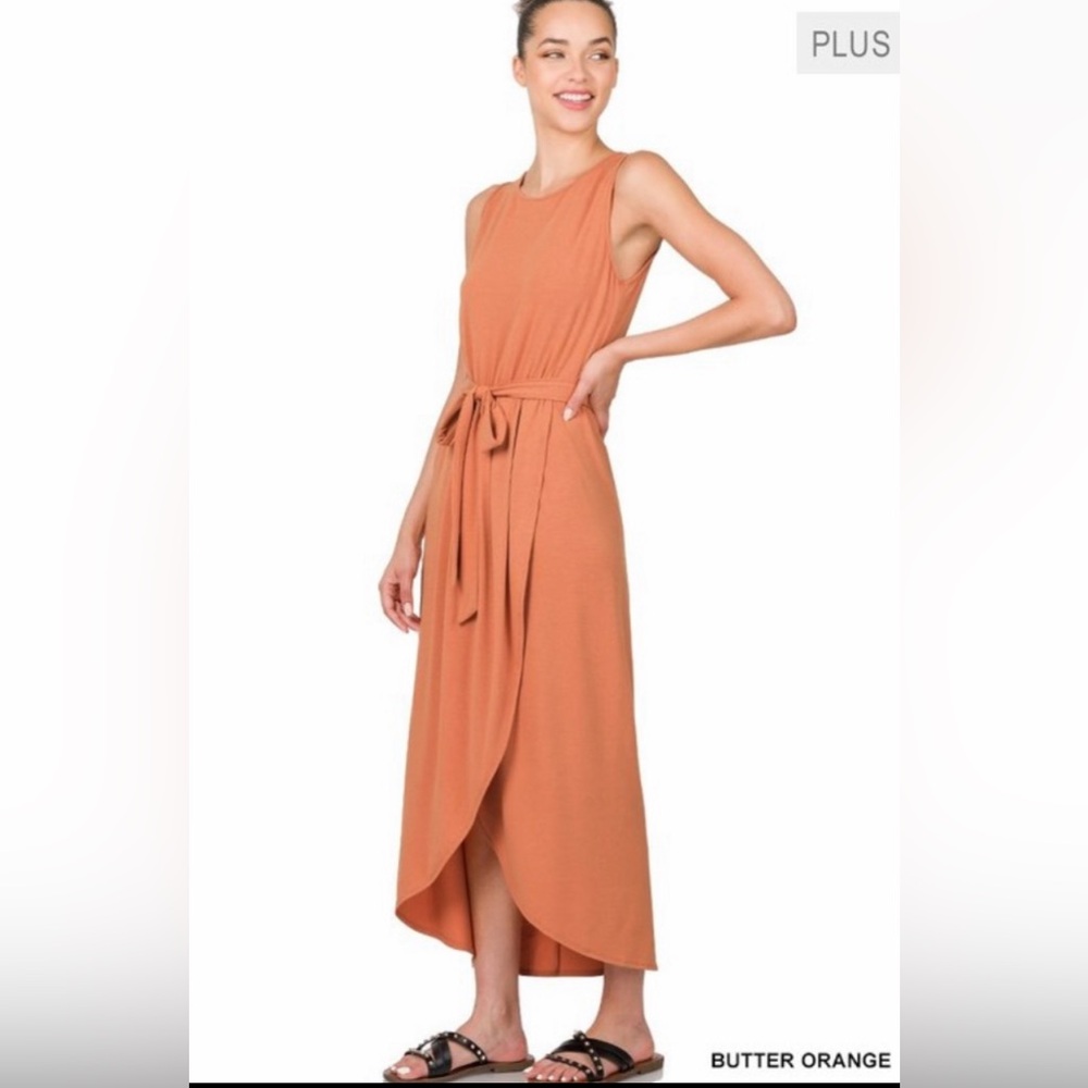 Watch Me Rise Faux Wrap Knit Belted Dress in Buttered Orange Plus Size